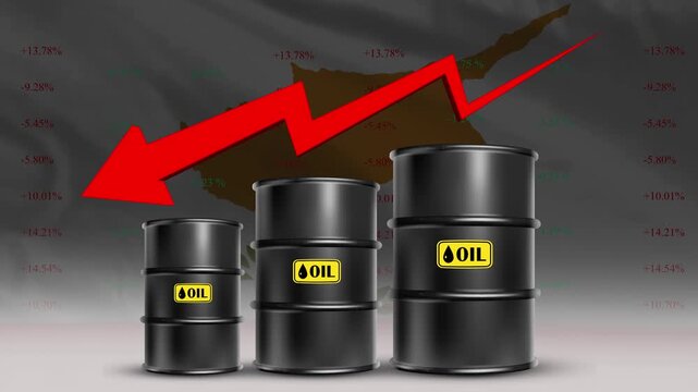 Cyprus flag with oil barrels and red downward arrow rising crude prices economic trend