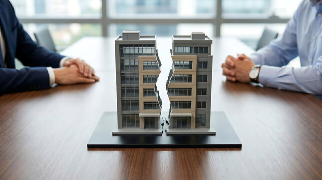 Two business people sitting at a table with a split building model representing divorce settlement and real estate property division