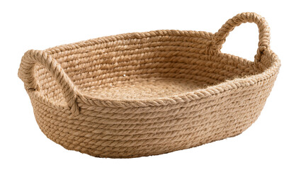 Obraz premium Oval woven jute basket with handles, isolated on transparent background