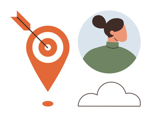Business goals, identity, connectivity, data, strategy, technology. A bullseye with an arrow, a female profile portrait and a cloud icon. Business goals and identity concepts © robu_s