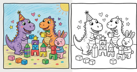 Fototapeta premium Dinosaurs and Bunny Building Blocks Coloring Page