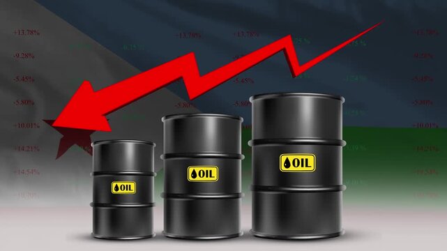 Djibouti Flag with Oil Barrels and Red Downward Arrow Falling Crude Prices Economic Decline