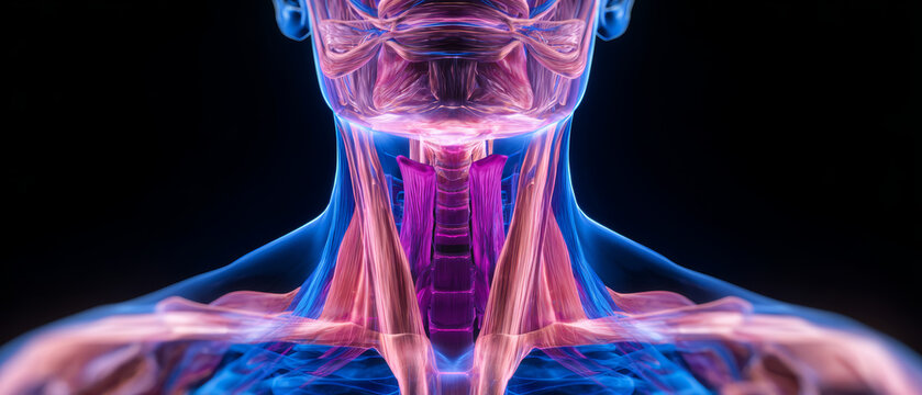 Human neck anatomy throat larynx vocal cord muscle medical science illustration shows colorful highlighted structure detail for education