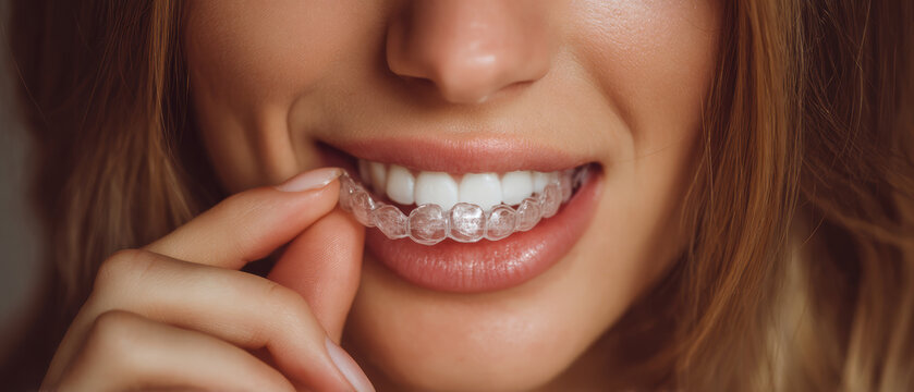 Woman smile teeth clear aligner orthodontic dental beauty mouth lips Confident woman smile with clear aligner showing straight white teeth