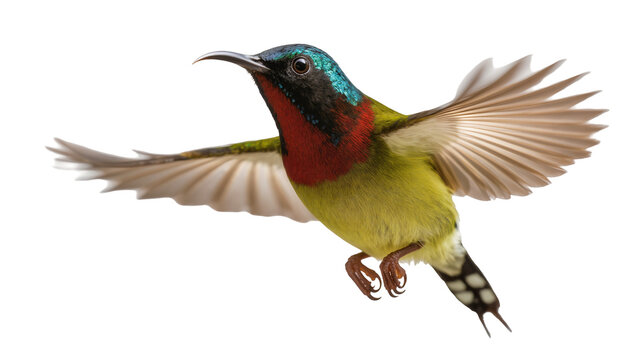 Colorful sunbird with iridescent plumage in flight, isolated on transparent background