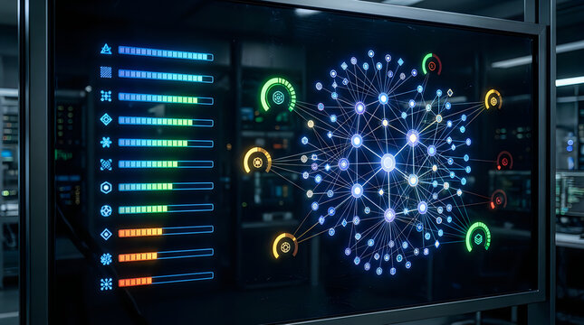 Network data nodes and server status bars on a digital dark screen