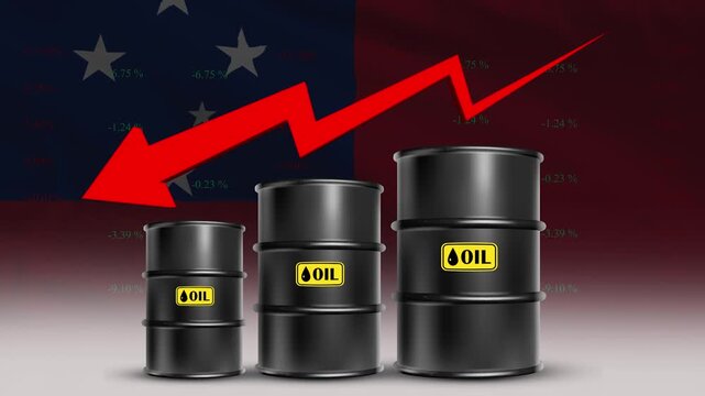 Samoa flag with oil barrels and red downward arrow falling crude prices economic decline