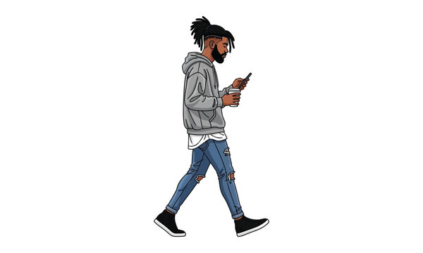 Man walking with coffee and phone in ripped jeans and hoodie.