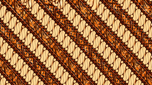 Authentic Javanese batik pattern featuring the iconic Parang Rusak motif in a diagonal composition. Characterized by its rhythmic S-shaped curves and organic floral details in traditional earthy tones
