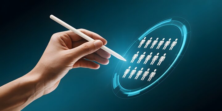 Hand utilizing a stylus to select from a digital interface displaying a group of human icons