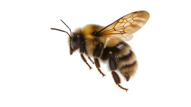 Fuzzy bumblebee with striped abdomen and transparent wings, isolated on transparent background