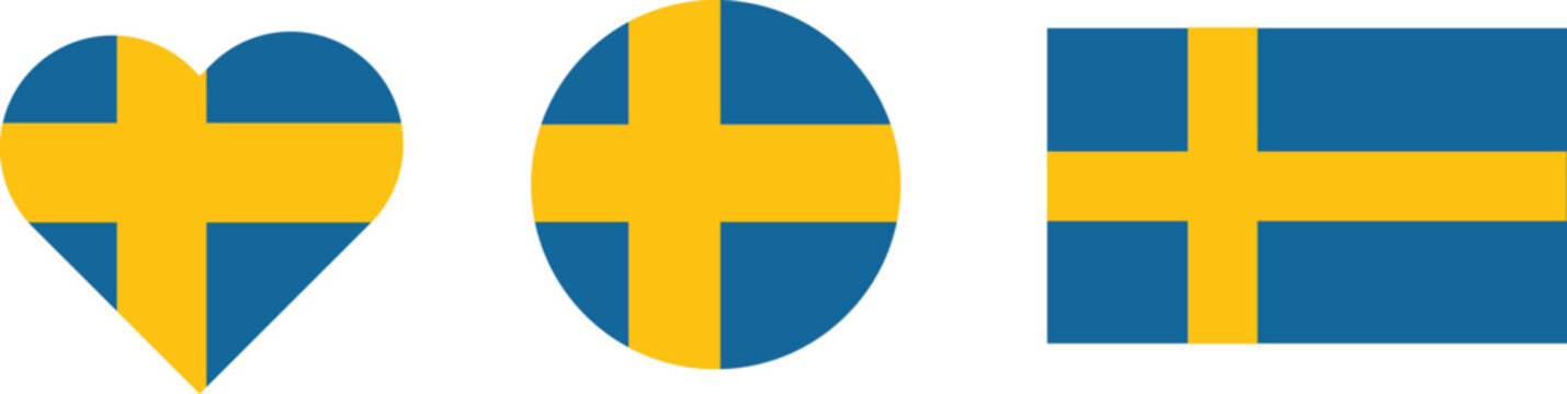 Set of sweden flags heart, round, and square shape on isolated transparent background. PNG sweden flag