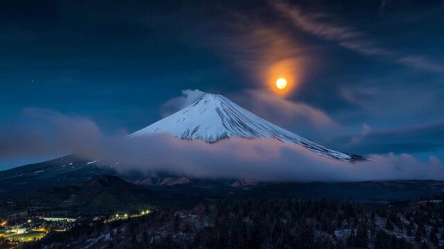 満月の銀光を受けた富士が夜なのに淡い青で浮かぶ