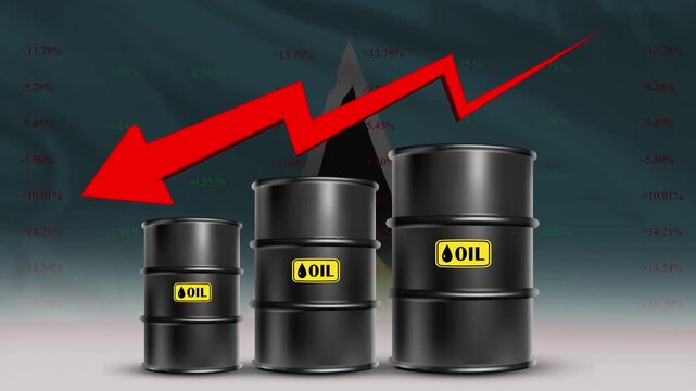 Saint Lucia Flag with Oil Barrels and Red Downward Arrow Falling Crude Prices Economic Decline