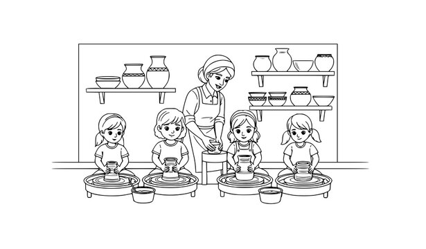 Children doing ceramics in workshop cartoon line art vector illustration pottery class coloring page