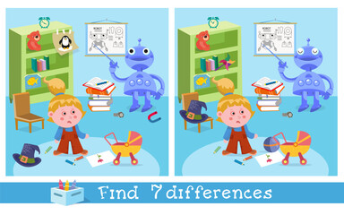 Fototapeta premium Find seven differences educational game for kids with robot and girl. Two similar vector pictures show blue android teacher giving lesson in nursery room. Fun logical puzzle helps children develop