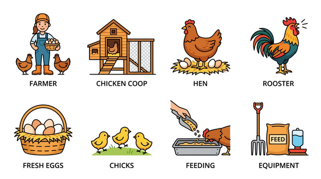Illustrated icons depicting a friendly female farmer, poultry livestock, wooden chicken coop, fresh organic eggs, and essential farm feeding equipment