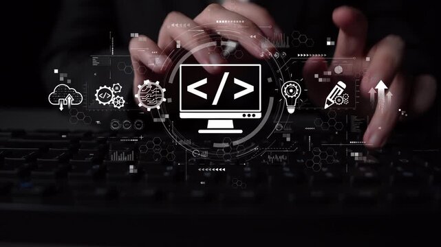 Modern web development concept featuring coding symbols, web development process, web development interface, and web development tools with futuristic design. Muxer