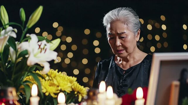elderly asian woman grieving by candlelight at a memorial with flowers and a framed photo, somber atmosphere