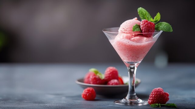 A vibrant raspberry sorbet in a chilled martini glass.