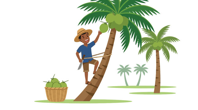 A cheerful coconut harvester wearing a straw hat climbs a tall tree while carrying a sharp machete for his work