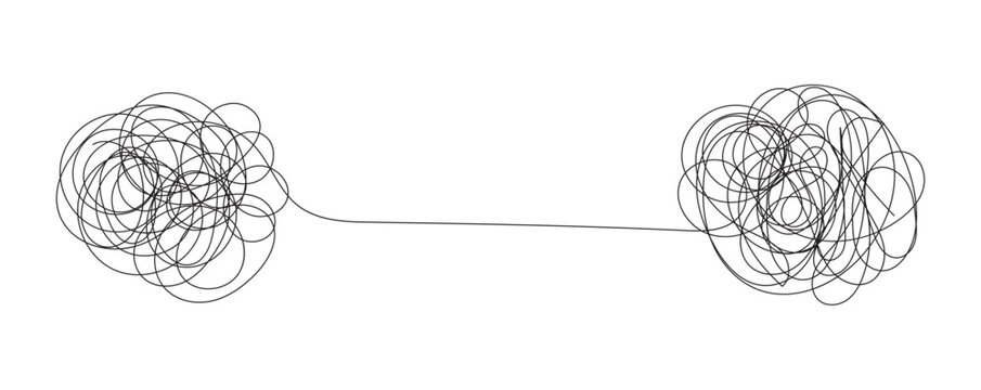 Vector chaos to harmony brain illustration with tangled thoughts transforming into heart centered calm mind, emotional balance concept, mental health healing, stress relief and self awareness.