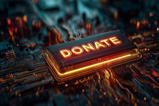 A glowing "DONATE" button shines on a futuristic, circuit-board background. The sleek image symbolizes charity, technology, and the power of digital giving.