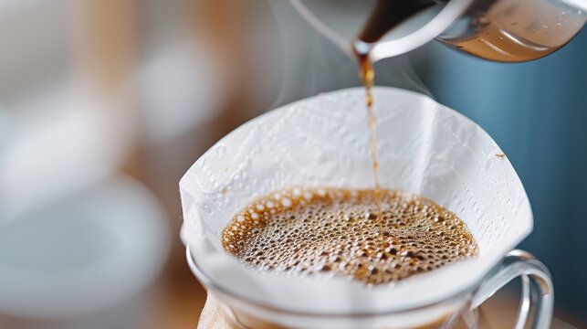 A close-up of a coffee filter dripping into a glass carafe.