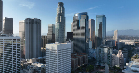 Fototapeta premium Los Angeles skyline skyscrapers modern cityscape. Los Angeles downtown skyline financial district. Los Angeles towers architecture panorama view. Los Angeles aerial drone skyline.