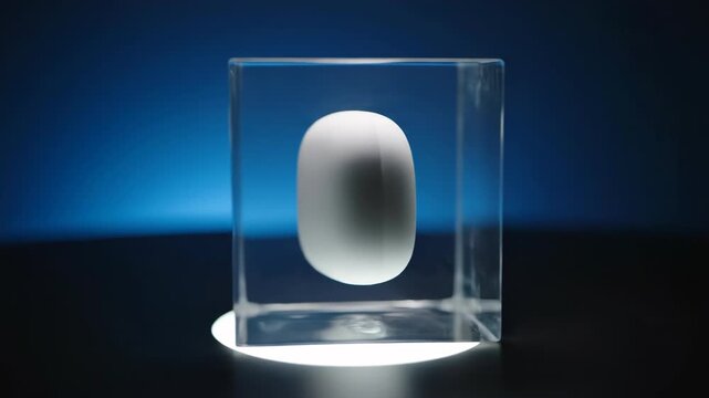 Translucent glass cube housing a white rounded rectangular object, placed on a dark surface with a circular spotlight from below, set against a deep blue gradient background.