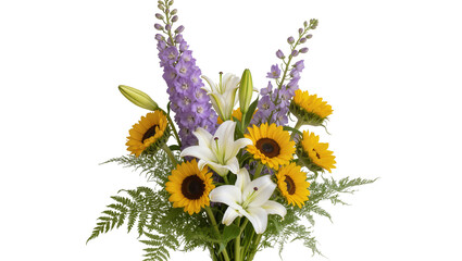 Vibrant bouquet of sunflowers lilies and delphiniums, isolated on transparent background © Sean