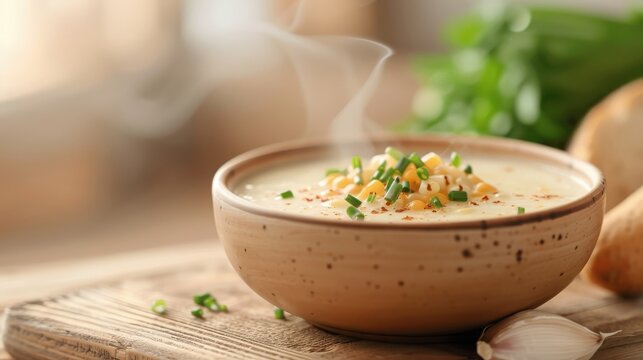 A bowl of creamy corn chowder on a rustic wooden table.
