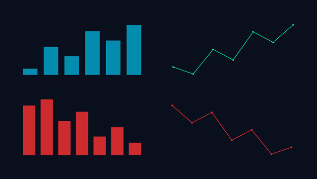 Set of colorful bar charts and line graphs showing financial business data growth and decline trends on a dark background