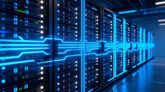 Rows of server racks with glowing blue circuits