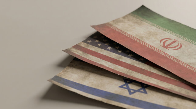 Distressed flags of United States, Iran, Israel, symbolizing Geopolitics and current News, with strategic copy space for related content.