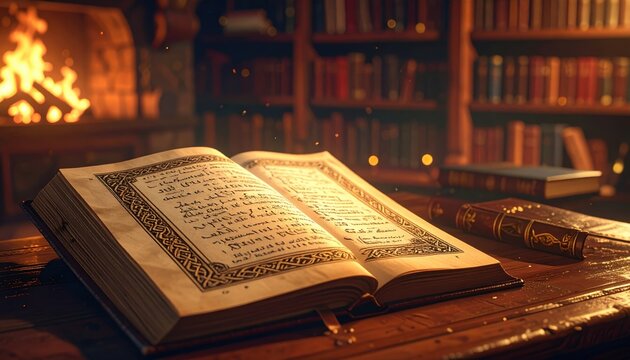 Ancient leather bound codex open to pages filled with intricate Celtic knotwork borders and Ogham script in a dimly lit library setting