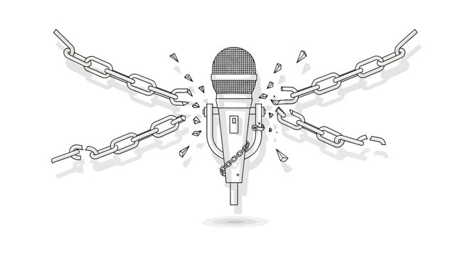 A grayscale illustration symbolizing World Press Freedom Day shows a microphone with broken chains wrapped around it, representing journalism freedom, set against a stark white background