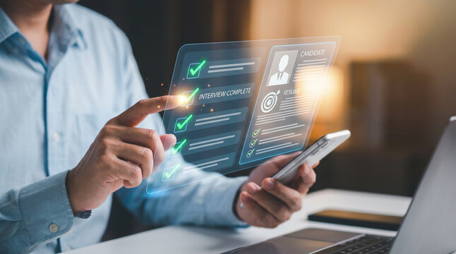 Businessman interacting with futuristic transparent digital interface on smartphone screen displaying interview complete checklist and candidate resume for modern recruitment process