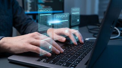 Obraz premium Close-up of a person typing on a laptop keyboard with digital invoice icons floating above, representing electronic billing and financial technology in a modern office setting for business and.