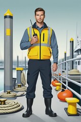 Fototapeta premium Marina dockmaster standing on a harbor pier with safety gear and radio