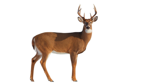 Majestic male deer with large antlers standing alert, isolated on transparent background