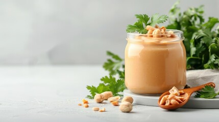 Naklejka premium Creamy peanut sauce in a bowl, garnished with chopped peanuts and cilantro on a clean white background.