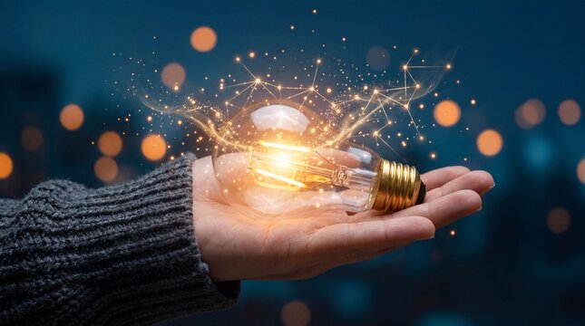 Hand holding a glowing light bulb with digital connection particles