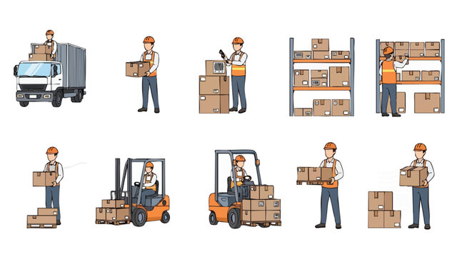 Warehouse logistics workers. Delivery and shipping operations. Pixel art illustration set. Supply chain management.