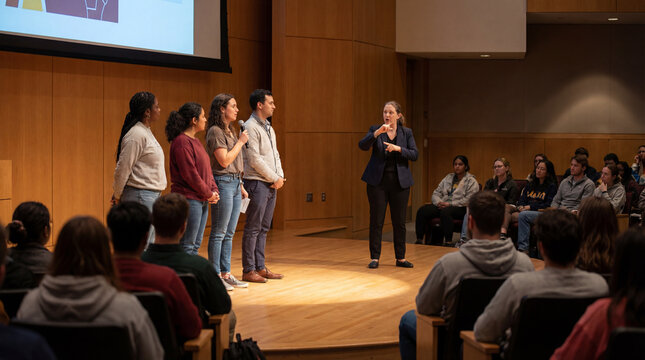 interpreter signing beside student speakers on stage for accessible education events deaf inclusion campus communication public speaking conference promotion community outreach campus events