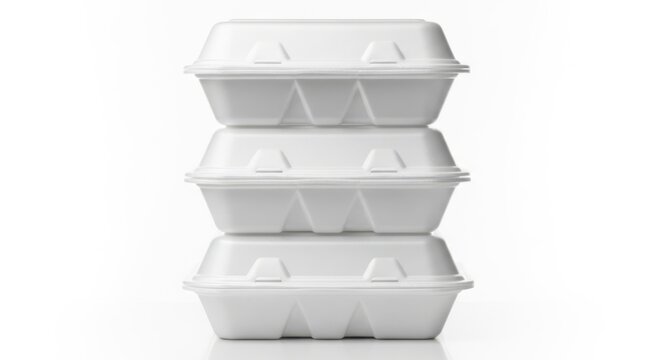 A stack of three white styrofoam food containers isolated on white background