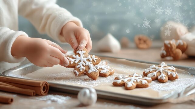Child placing gingerbread cookies on baking sheet.