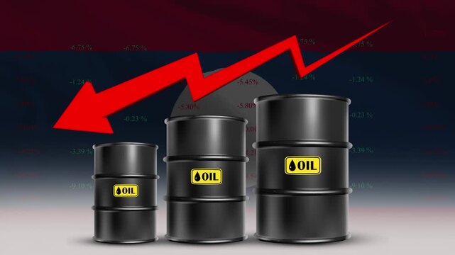 Laos Flag with Oil Barrels and Red Downward Arrow Falling Crude Prices Economic Decline