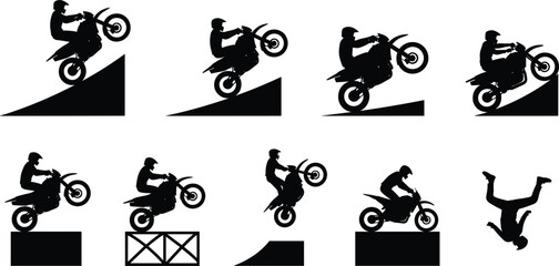 Black Silhouette Collection of Motocross Dirt Bike Riders Performing Extreme Stunts Jumps and Tricks on Various Ramps © NR