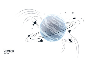 A vector sci-fi parody illustration celebrates Star Wars Day with a space theme, showing a galaxy planet character surrounded by asteroids and rings, set against a clean white background © Jangkrik